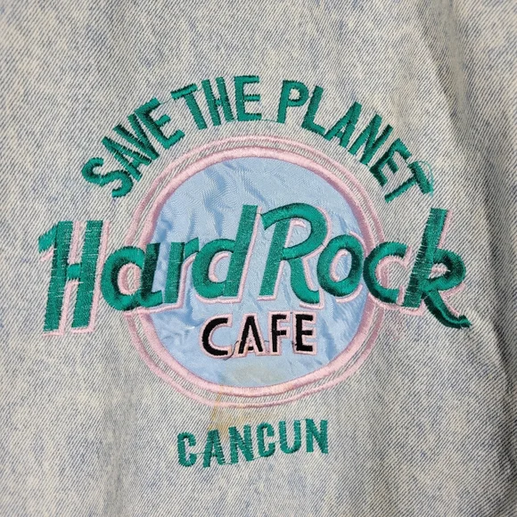 Vintage Hard Rock Cafe Save The Planet Cancun Light Wash Jean Jacket Pastel Lrg
